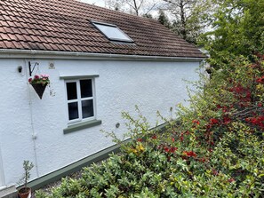 Ein weißes Haus mit braunen Ziegeln, einem kleinen Fenster und einem blumengeschmückten Balkonkasten.