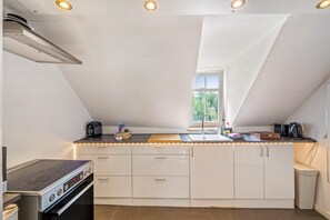 A modern kitchen with a gas stove, built-in oven, white cabinets, a window, and a countertop with various appliances. - Spacious 60 m² Apartment with Shared Garden & Wi-Fi in Emmendingen (Emmendingen)