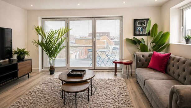 A modern living room with a sofa, a coffee table, a TV, and a balcony with a view of buildings. - The Studios at Taylor’s Court (Canvey Island)