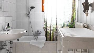 Hair dryer, towels, soap, toilet paper