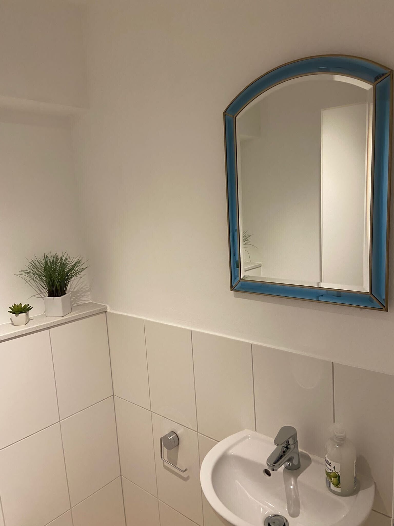 A bathroom with a white sink, a mirror with a blue frame, and a small potted plant on the wall.