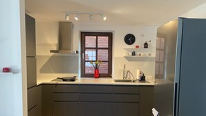 Eine moderne Küche mit Einbauherd, Spüle und Kühlschrank.
