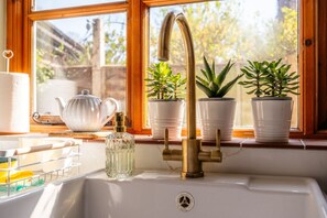 A kitchen sink with a faucet, a teapot, and three potted plants on the windowsill.