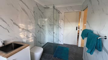 Shower, hair dryer, towels, soap