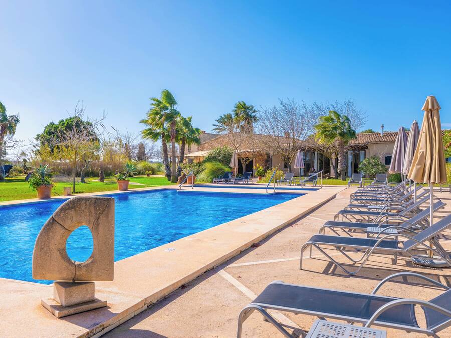 A swimming pool with lounge chairs and umbrellas, surrounded by palm trees and a clear sky.