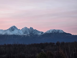 A mountain range with snow-covered peaks and a forested foreground. - Spacious 3-bd 2 ba in Palmer w/Large garage in Prime Location & Scenic views (Palmer)
