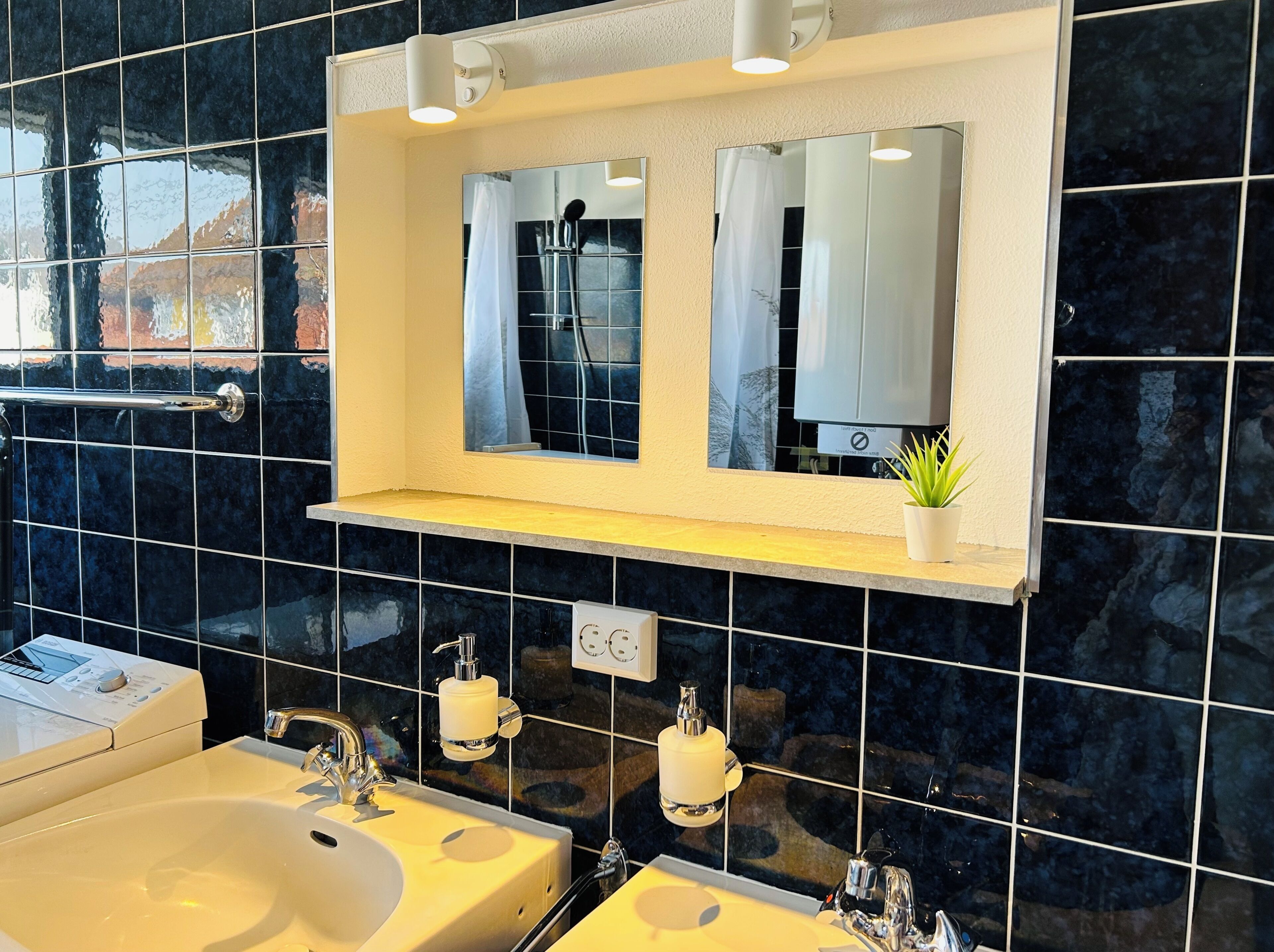 Hair dryer, bidet, towels, soap