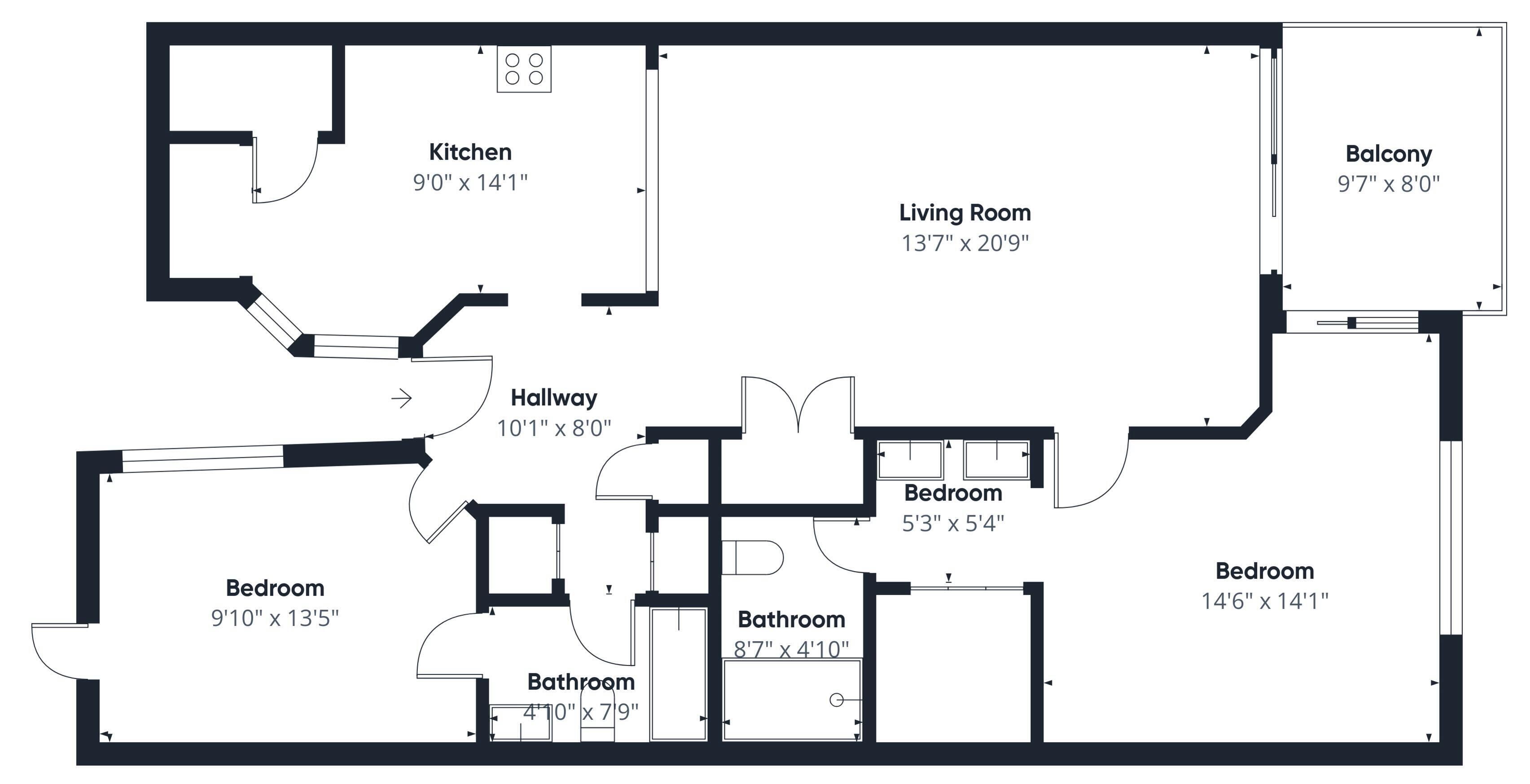 Un plan d’étage comprenant une cuisine, deux chambres, un salon, un balcon et deux salles de bain.
