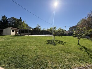 Un patio con césped, un pequeño edificio, una zona cubierta y un árbol.