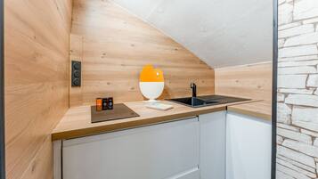 Réfrigérateur, micro-ondes, plaque de cuisson, cafetière/bouilloire