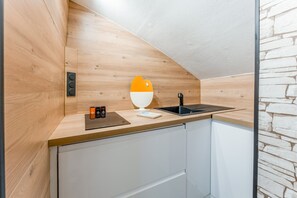 Kühlschrank, Mikrowelle, Herdplatte, Wasserkocher mit Kaffee-/Teezubehör