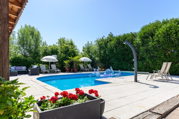 A swimming pool with lounge chairs and umbrellas, surrounded by greenery and potted plants.