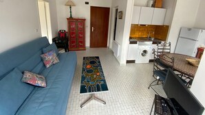 Ein Wohnzimmer mit einer Couch, einem gemusterten Teppich, einer Waschmaschine und einem Essbereich.