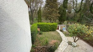 Un jardín con un camino de piedra, un seto y un árbol con frutos amarillos.