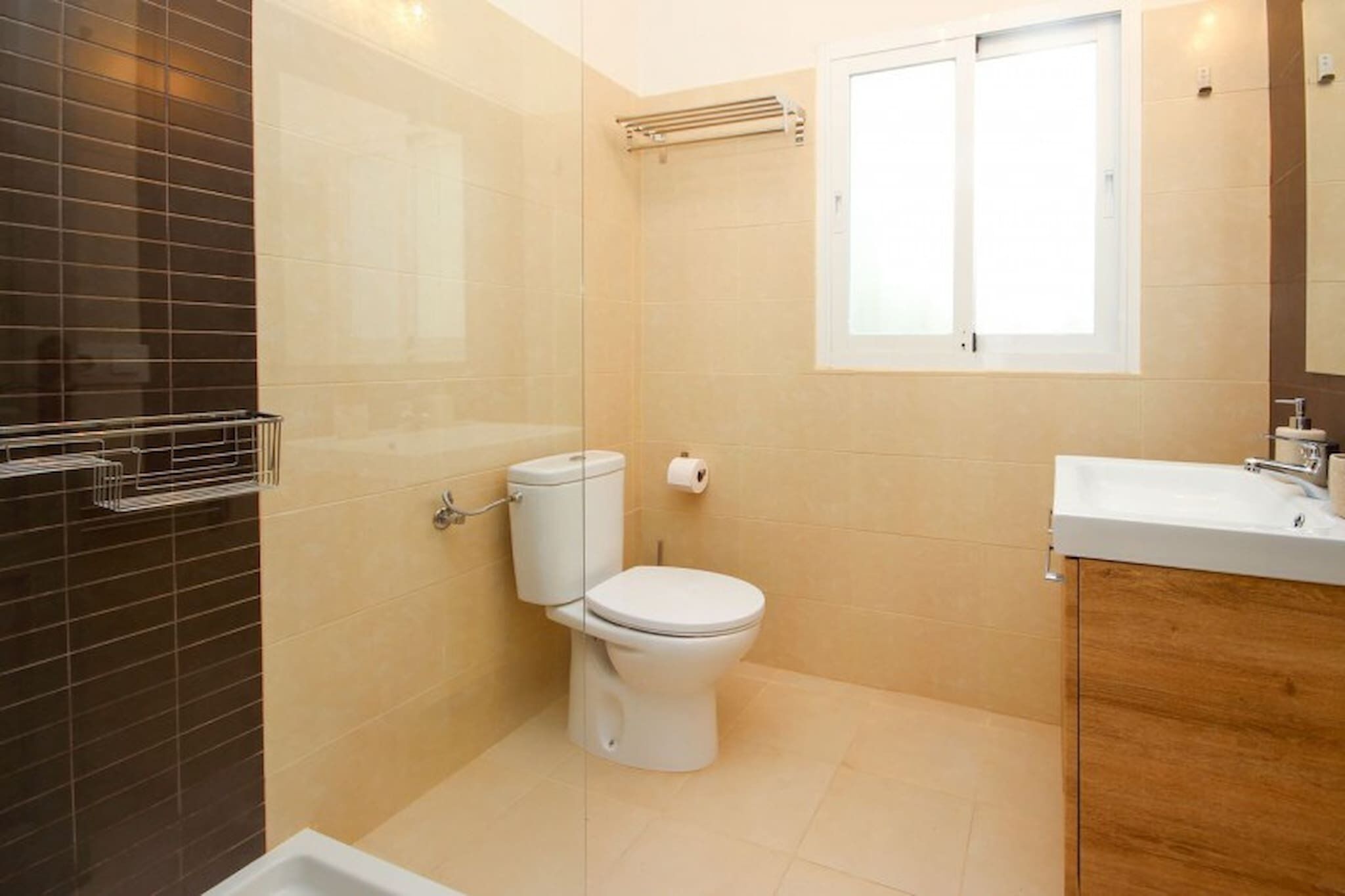 A bathroom with a toilet, a shower, a sink, and a window.