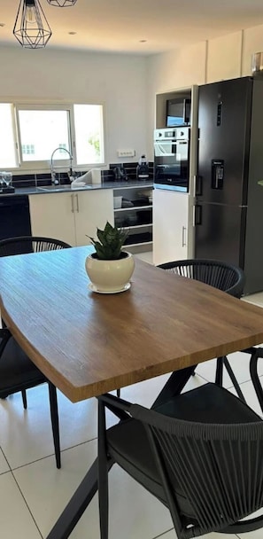 A modern kitchen with a wooden dining table, chairs, and a potted plant.