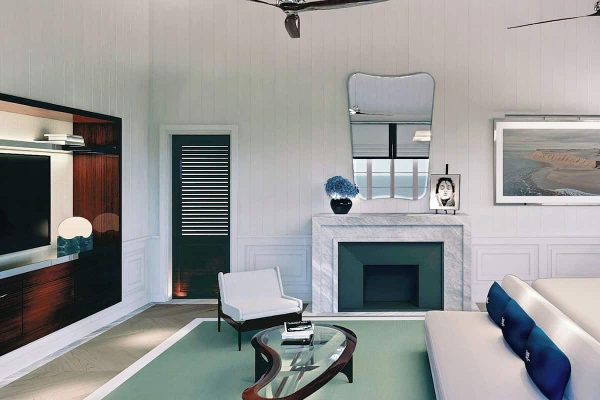 A modern living room with a flat-screen TV, a fireplace, a ceiling fan, and a large painting on the wall.