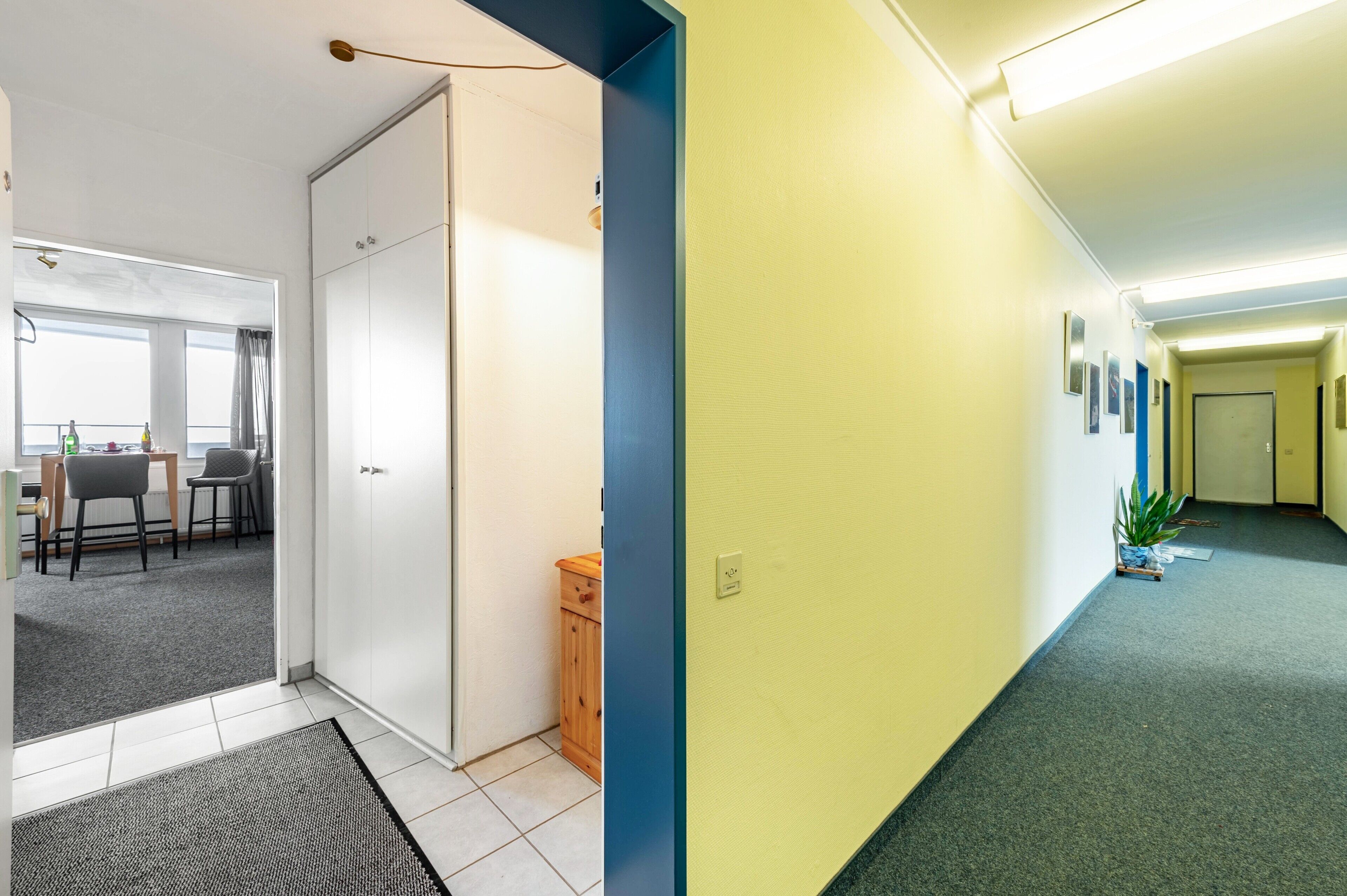 Un couloir avec une porte, une petite armoire et une plante.