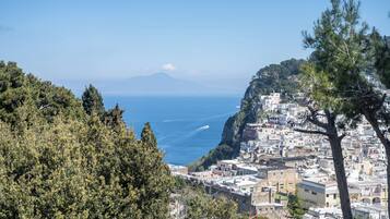 Un pueblo costero con edificios en una ladera, con vistas al mar.