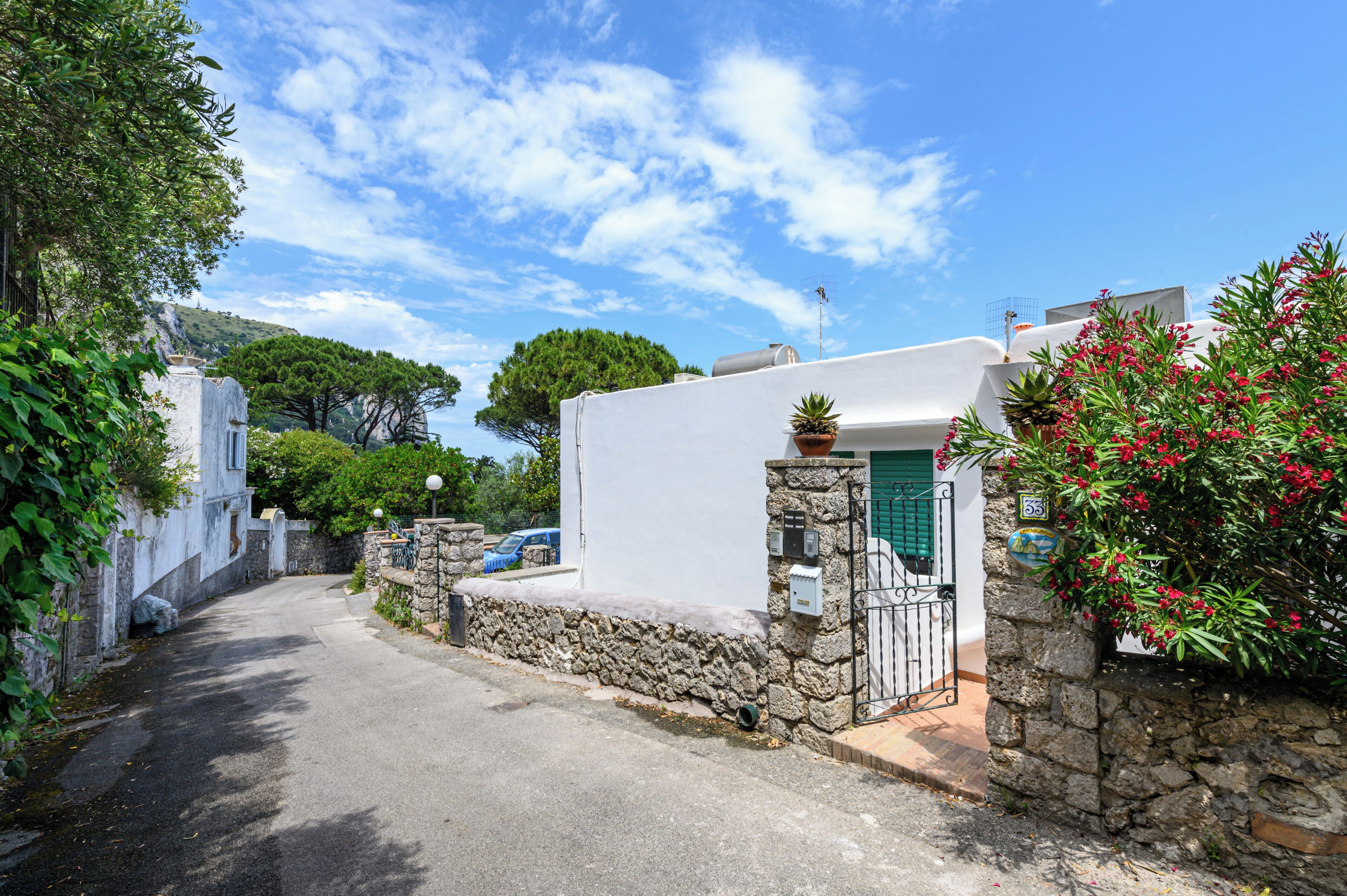 A narrow street with a white building, stone walls, and a green door.