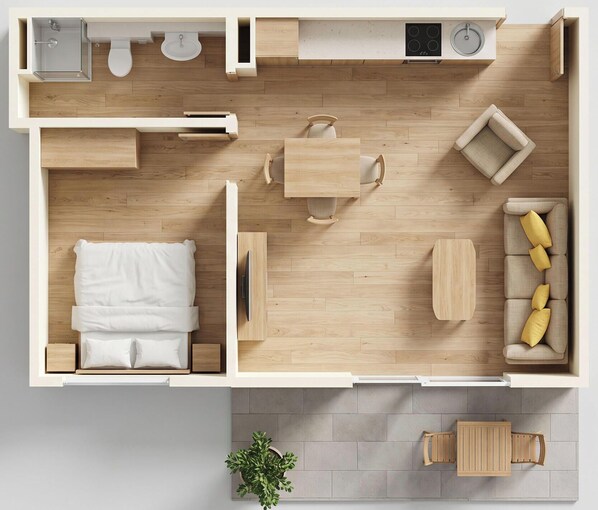 Een modern appartement met een slaapkamer, badkamer, kitchenette, eethoek en een kleine zithoek.