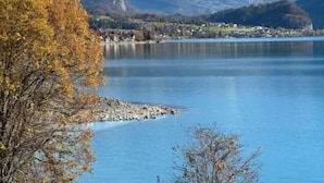 A lake with mountains in the background, a road with a curve, and autumn-colored trees. - Hotel Wildbach Brienz (Brienz)