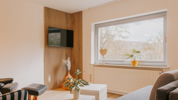 Uma sala de estar moderna com televisão fixada em um painel de madeira, uma janela com vista, um sofá, uma mesa de centro e um vaso com planta.