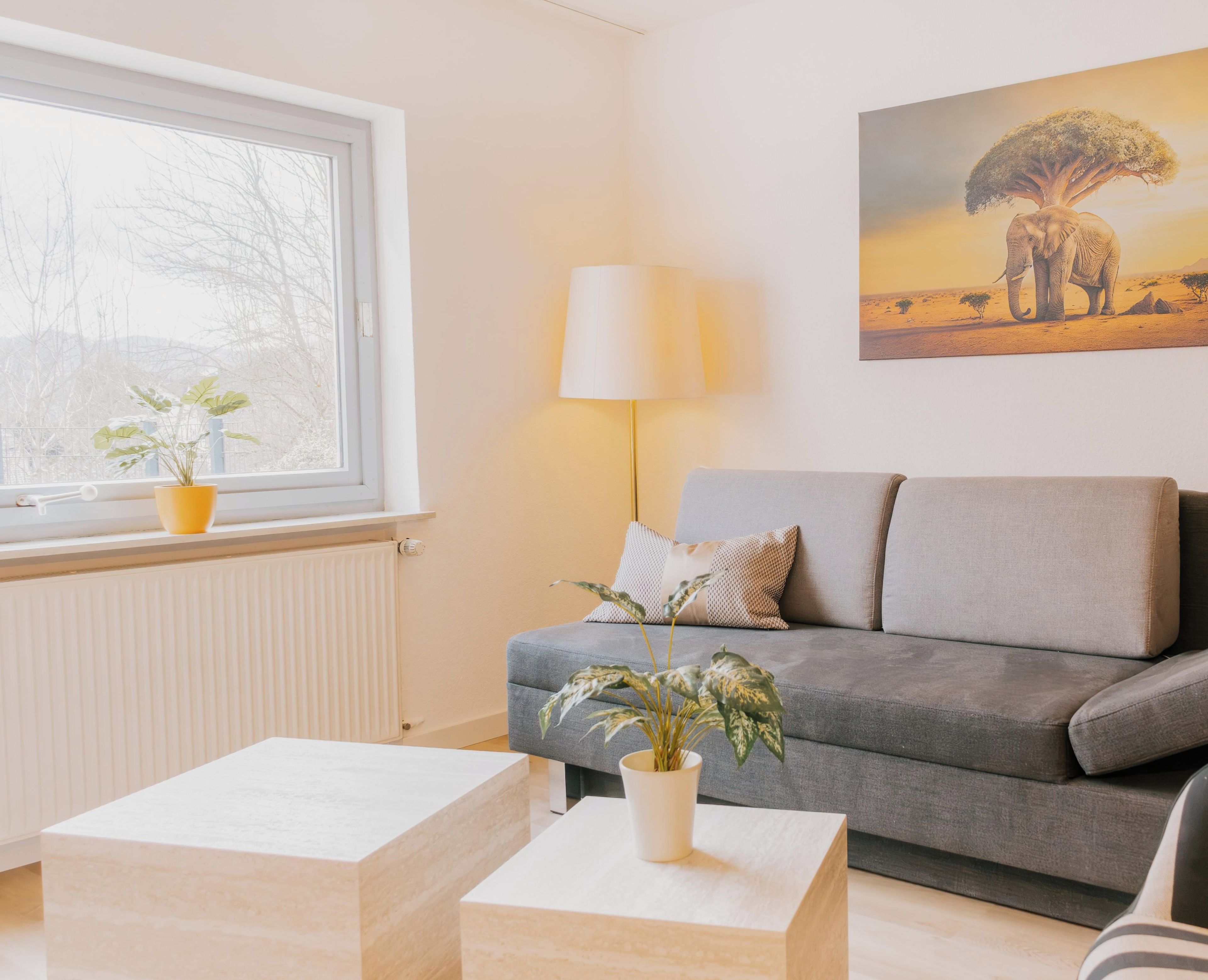 Un salon avec un canapé gris, une lampe blanche, une plante en pot et un tableau représentant un éléphant.