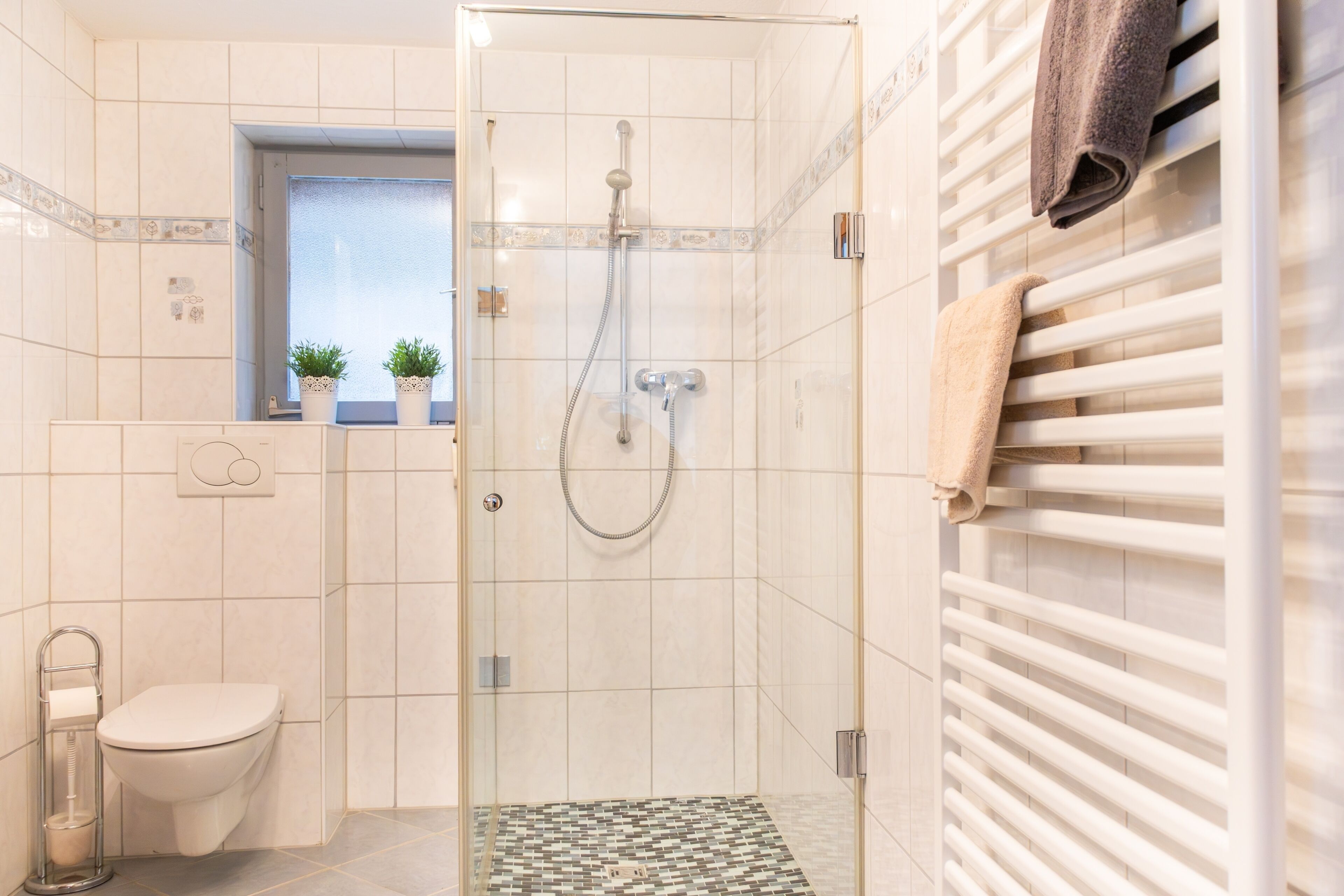 A bathroom with a glass-enclosed shower, a toilet, a towel rack, and a small window with plants.