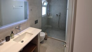 Un baño moderno con ducha de vidrio, un espejo grande y un lavamanos blanco.