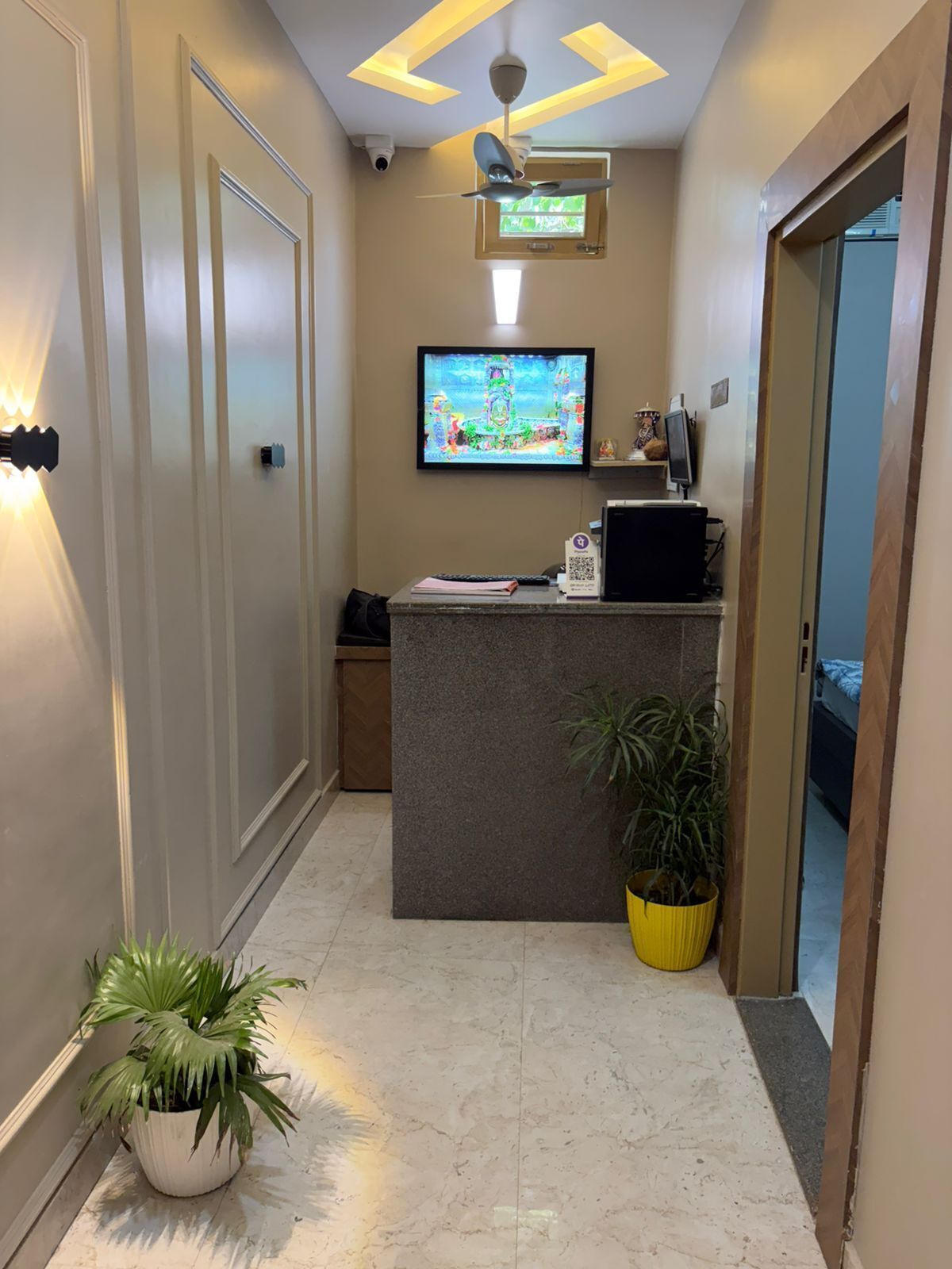 A reception desk with a television, a ceiling fan, and a potted plant.