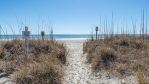A sandy beach path leading to the ocean, flanked by tall grasses and two informational signs. - Orange Crush at Tilghman (North Myrtle Beach)
