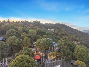 A large house surrounded by dense forest, with a prominent red-roofed structure and a stone wall. - ELIVAAS 4 BHK Kavya Villa With Lounge  (Kasauli)
