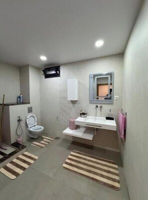 Chuveiro, secador de cabelo, bidê, toalhas de banho