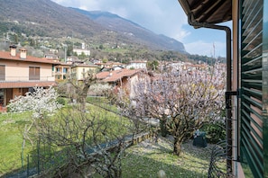 Un quartiere residenziale con case, un albero in fiore e una montagna sullo sfondo.
