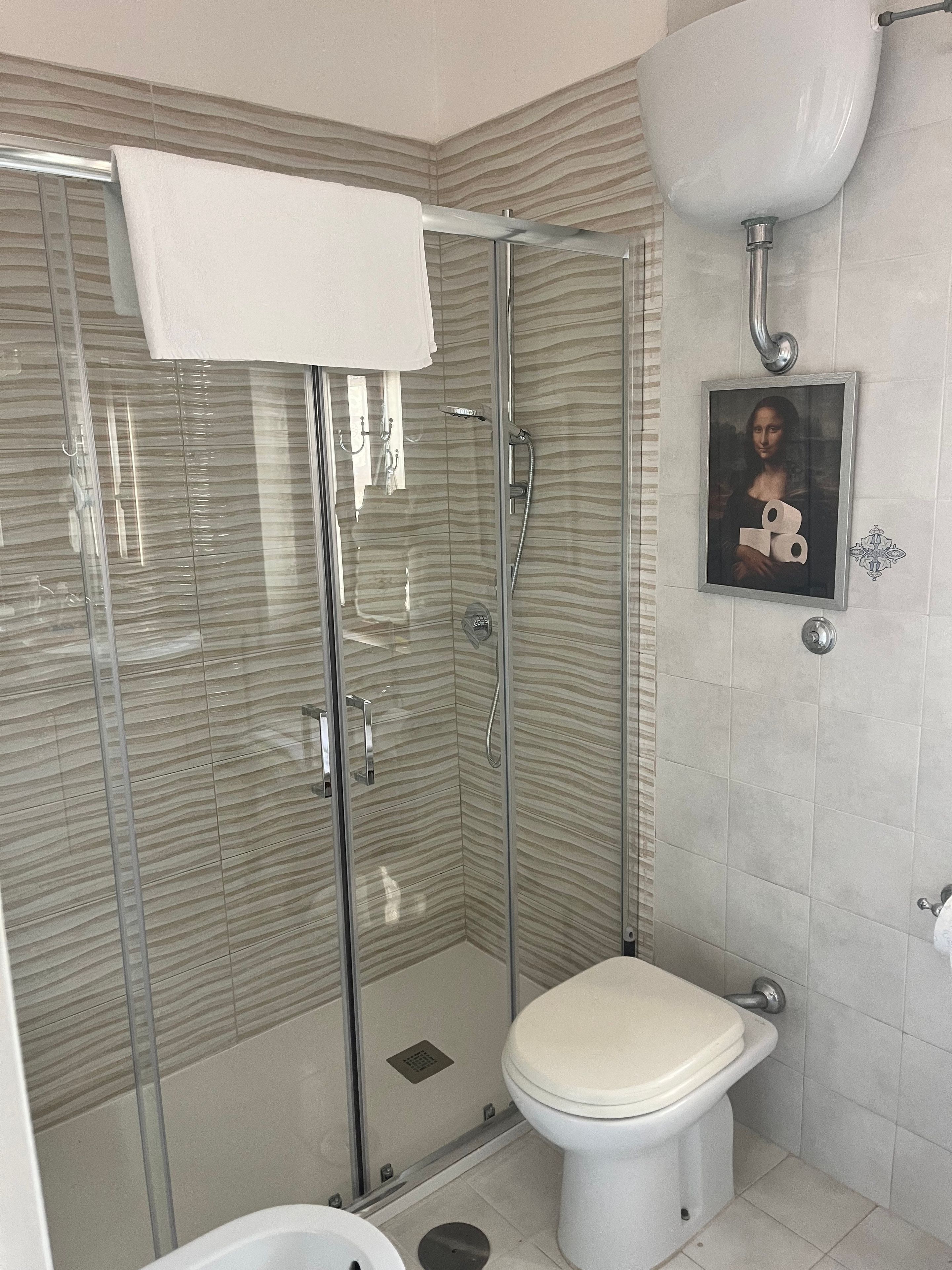 Een badkamer met een douchecabine van glas, een toilet en een lijst met een kunstwerk aan de muur.