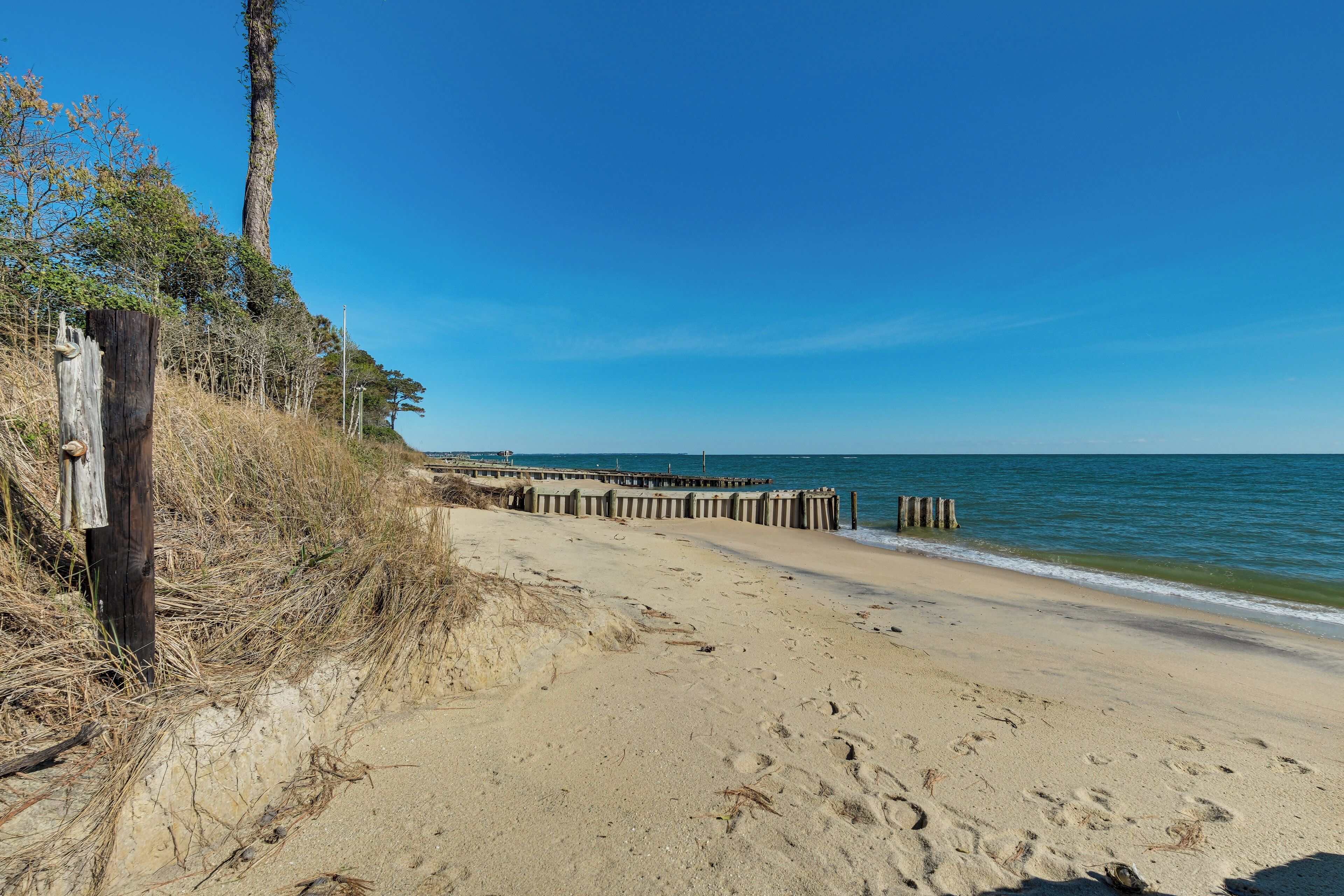 A sandy beach with a wooden pier extending into the water, surrounded by dry grass and trees.
