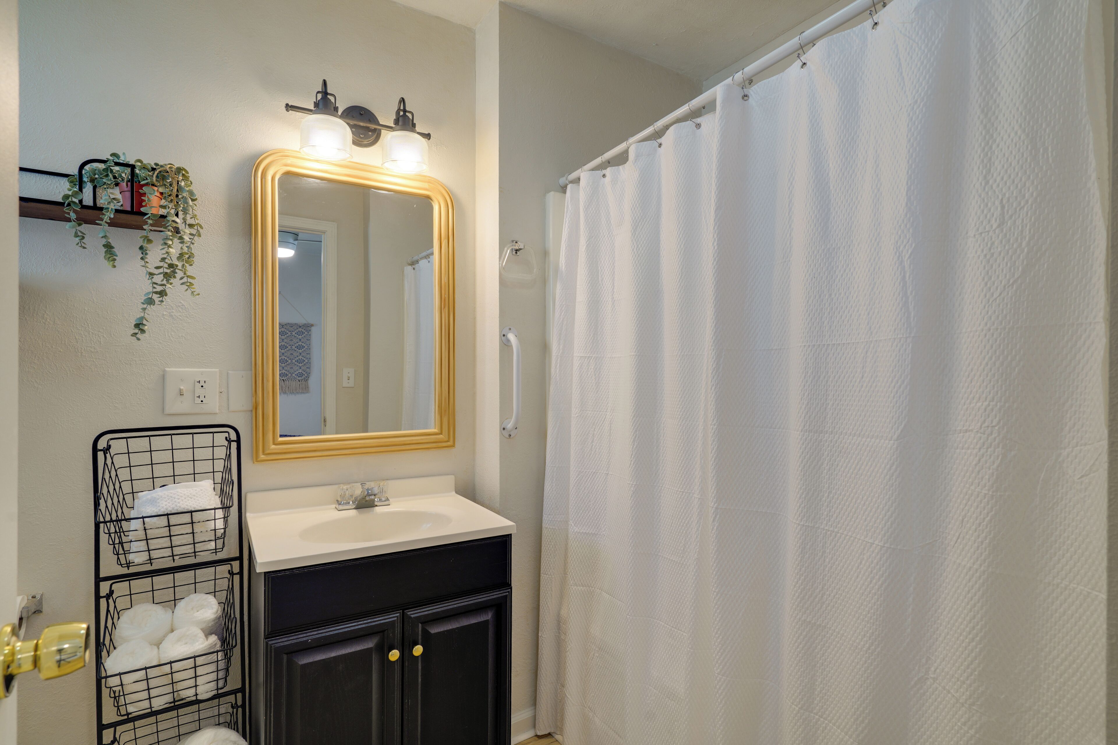 A bathroom with a white sink, a mirror with a gold frame, a shower curtain, and a wall-mounted plant.