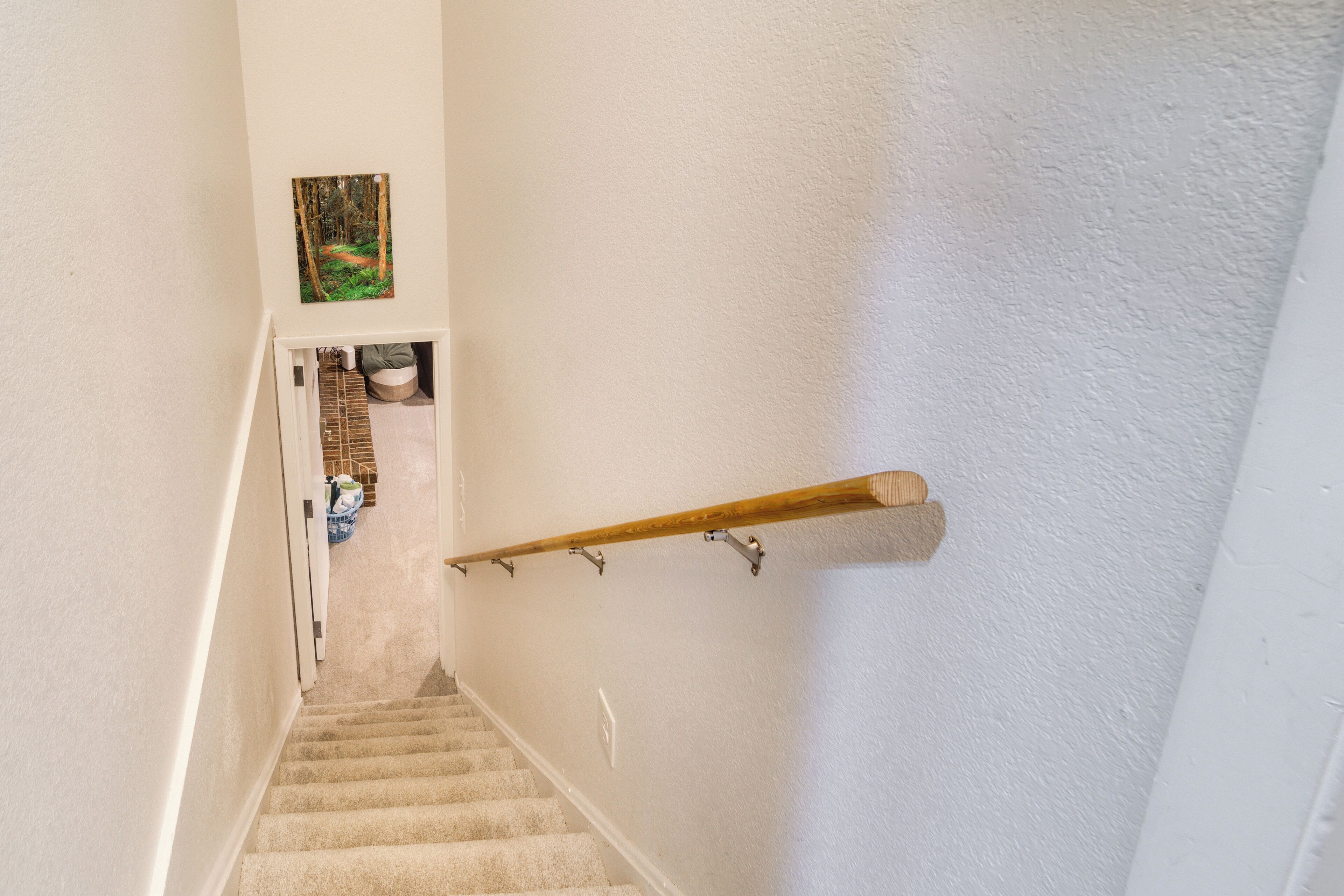 A carpeted staircase with a wooden handrail, a small storage area at the bottom, and a framed picture on the wall.