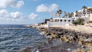 Un hotel frente al mar con edificios blancos, palmeras y un litoral rocoso.