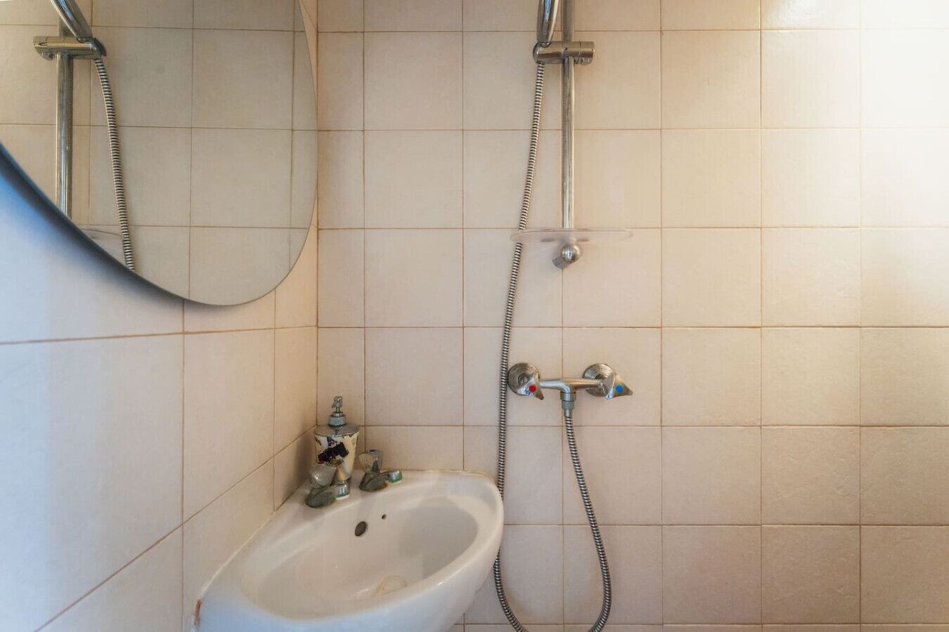 Une salle de bain équipée d’un lavabo, d’un miroir et d’une douche avec un flexible.