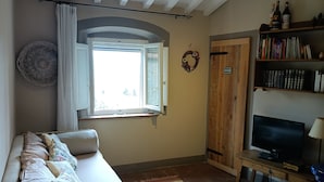 A living room with a sofa, a television, a bookshelf, a window with curtains, and a door.