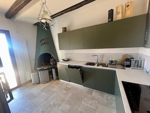 A modern kitchen with a built-in oven, a sink, and a countertop.