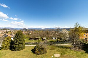 A residential area with houses, trees, and a clear view of distant mountains.
