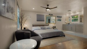 A modern bedroom with a bed, a chair, a round table, a ceiling fan, and a large window.