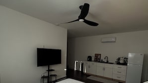 A bedroom with a bed, a ceiling fan, a TV, and a kitchenette with cabinets and appliances. - Super comfortable Studio in Margate. Host is amazing!!!! (Margate)