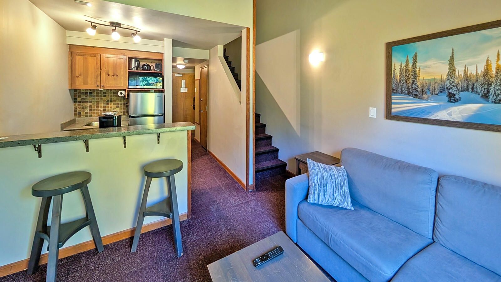 A compact living space with a kitchenette, a sofa, and a painting of a snowy landscape.