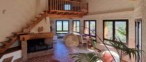 Televisión, chimenea, libros, estéreo