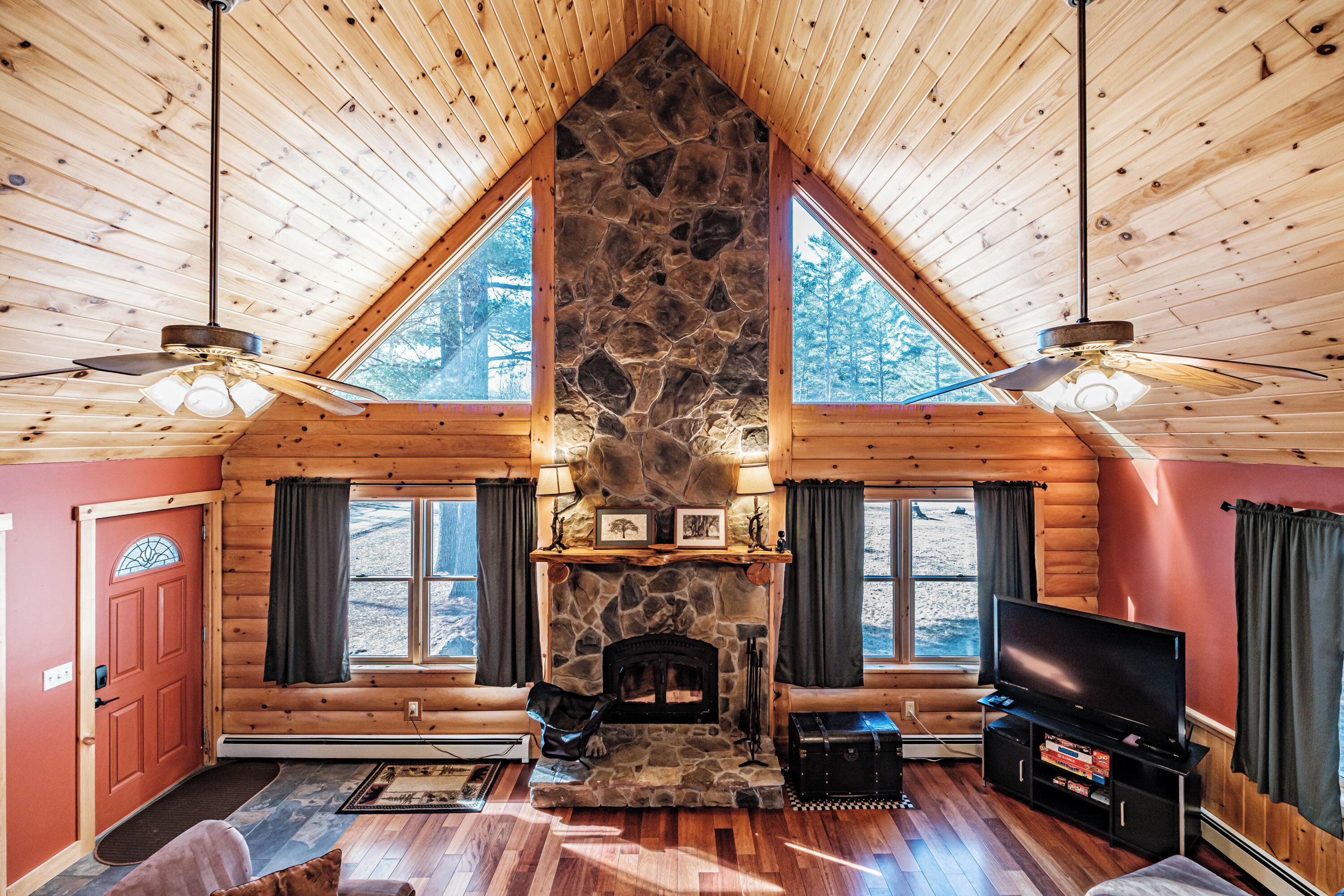 Smart TV, chimenea y libros 