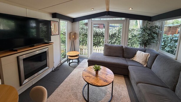 A modern living room with a flat-screen TV, sofa, coffee table, and a fireplace. - Chalet with Jacuzzi and Private Garden - Shared Pool in Summer Season (Hoenderloo)